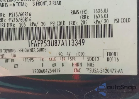 2007 Ford Taurus Se from USA, damaged, VIN 1FAFP53U87A113349